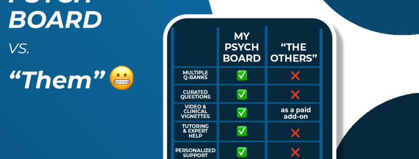 An image reads "My Psych Board vs. Them - Competition broken down and compared!" It shows a phone with check marks showcasing how great MPD is compared to others!